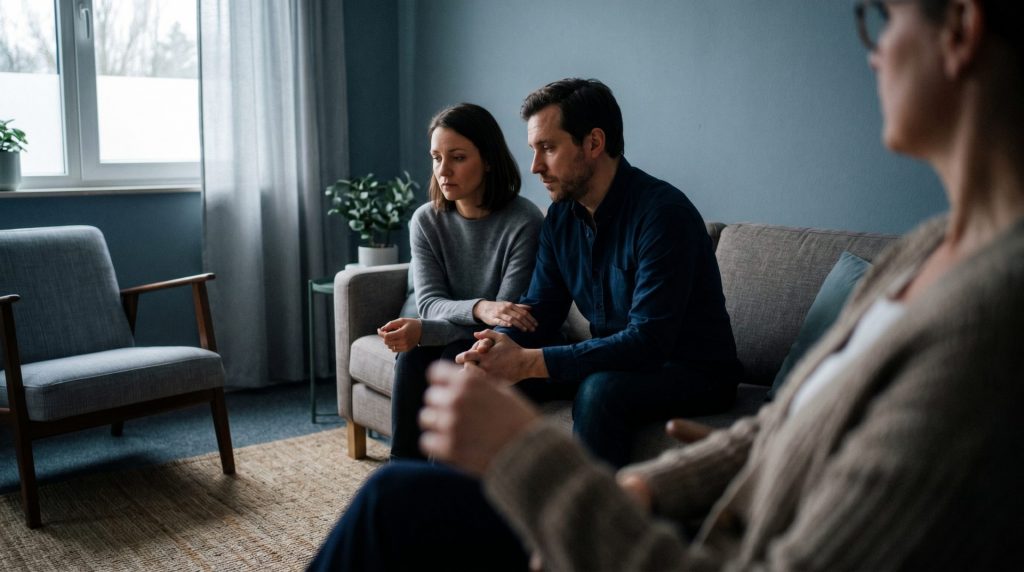 Das Bild rückt die emotionale Unsicherheit des Paares in den Mittelpunkt und zeigt Sexualtherapie als geschützten, intimen Raum statt als konfrontative Sitzung. Die zurückgenommene Präsenz des Therapeuten, die verletzliche Körpersprache und die ruhige blau-graue Bildstimmung passen inhaltlich zum Thema Lust und Scham und zugleich visuell zur Website.