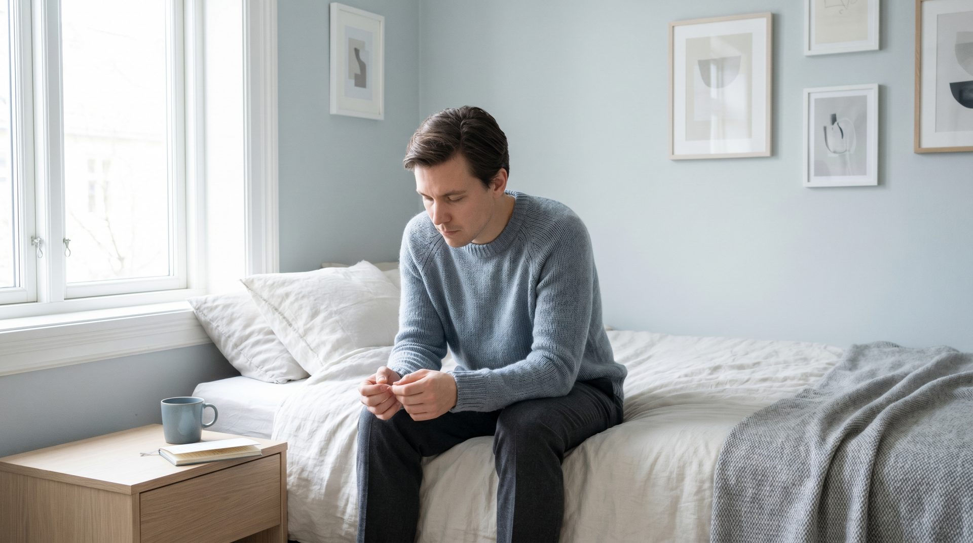 Ein Mann sitzt nachdenklich auf dem Bett, die Hände verschränkt, in einem ruhigen, hellen Raum – ein Moment der Reflexion…