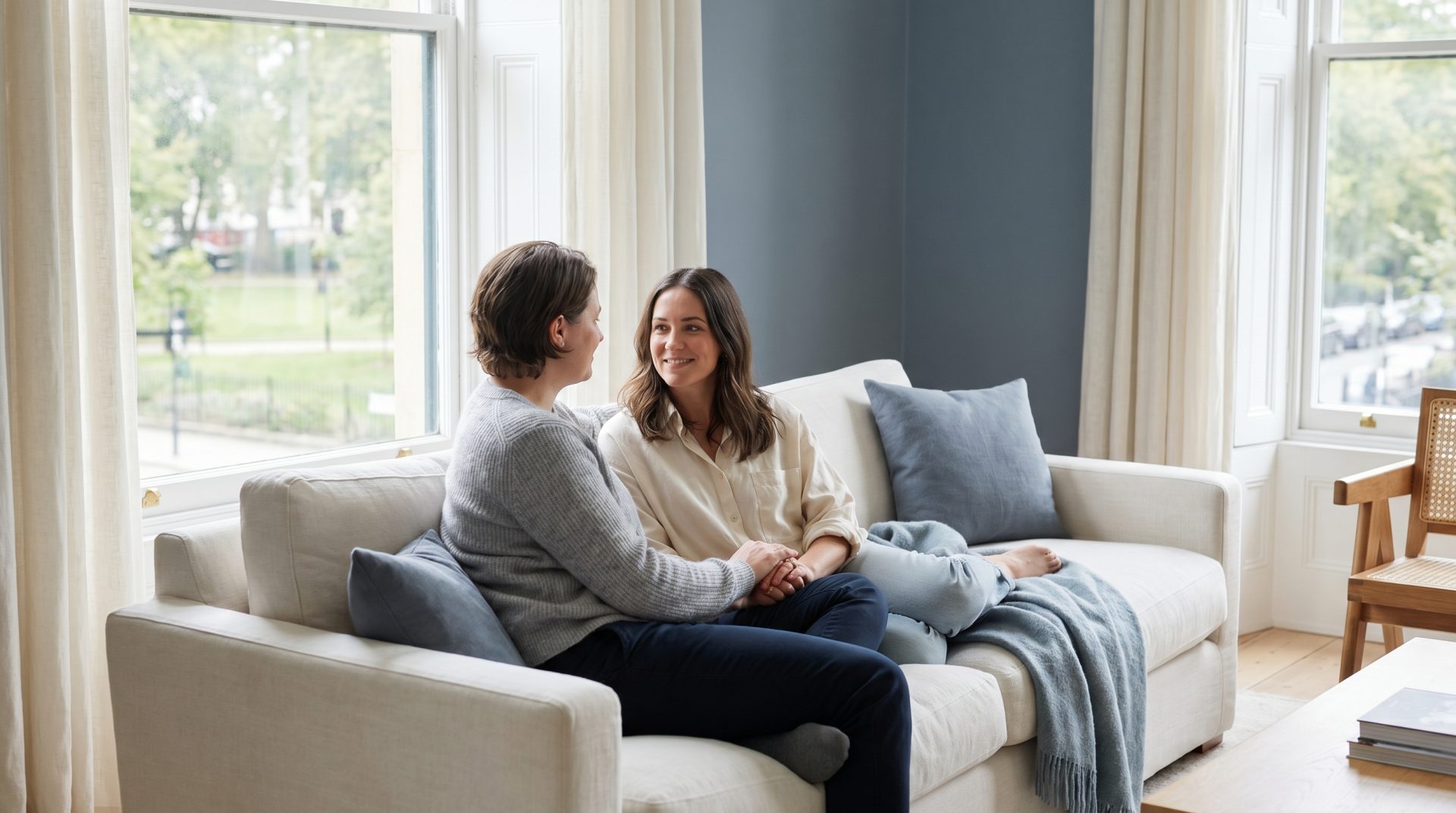 Zwei Frauen sitzen entspannt auf einem hellen Sofa, halten sich an den Händen und blicken sich liebevoll an – ein Moment,…