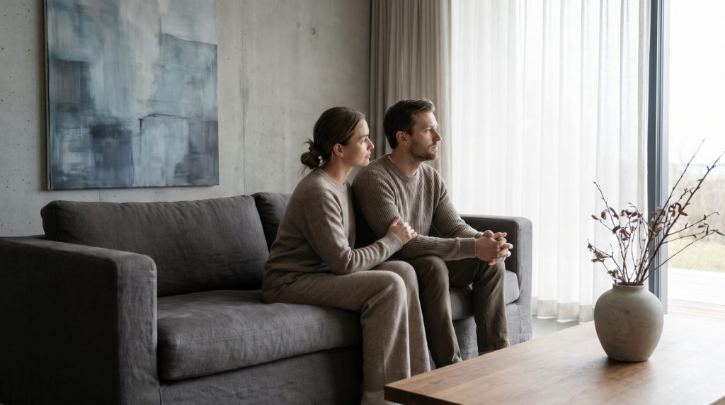 Das Motiv übersetzt das Thema des Artikels in eine leise, glaubwürdige Szene: Das Paar wirkt verbunden, aber nicht im gleichen emotionalen oder körperlichen Rhythmus. Die zurückhaltende Körpersprache, das weiche Licht und die kühle, elegante Farbwelt vermitteln Missverständnis ohne Drama oder Sexualisierung — genau passend für einen sensiblen, modernen Beziehungsartikel.