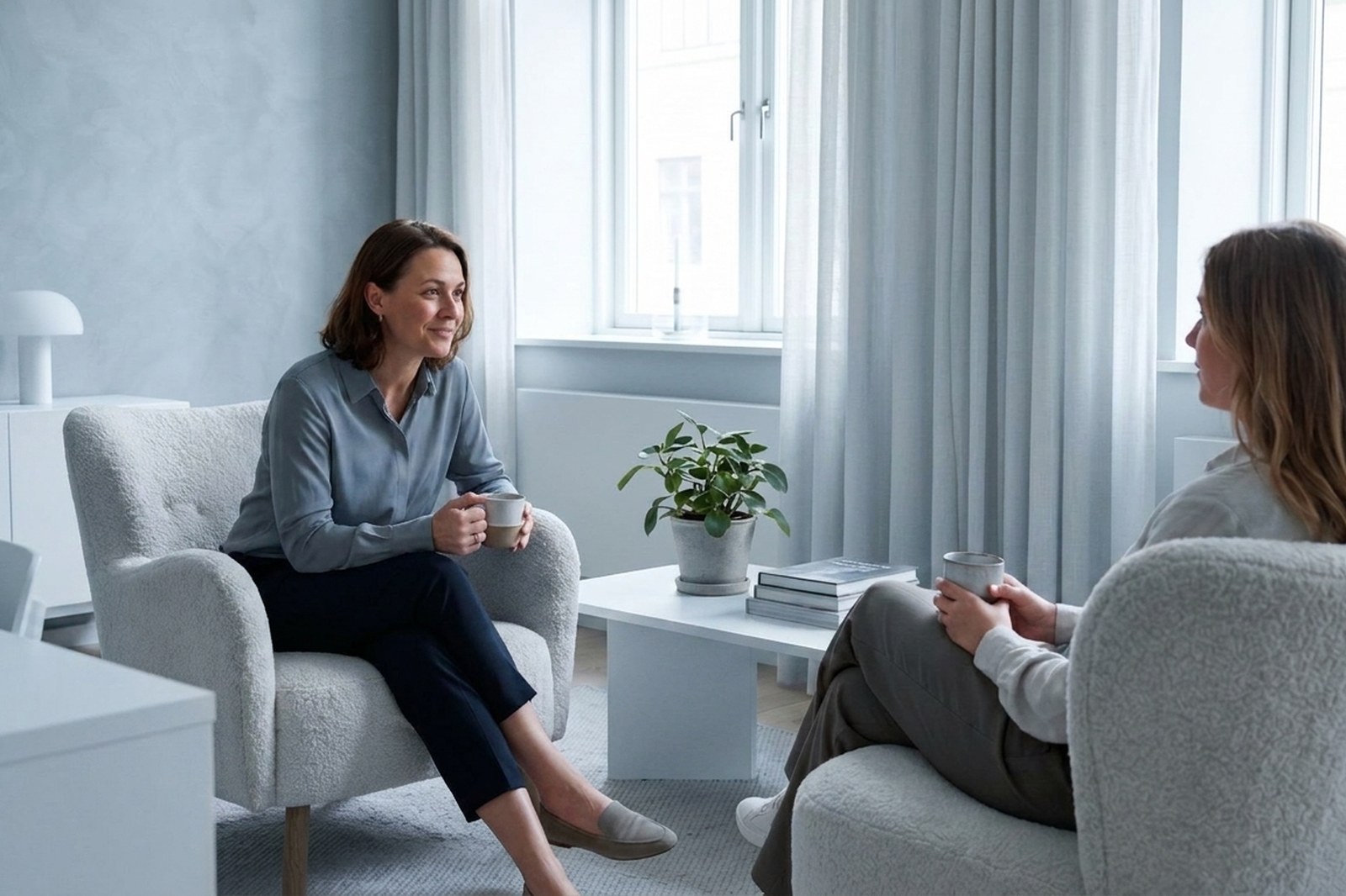 Zwei Frauen sitzen einander in Sesseln gegenüber und sprechen bei einer Tasse miteinander