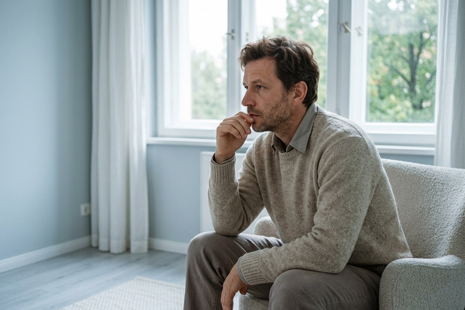Ein Mann sitzt nachdenklich in einem hellen Raum am Fenster, die Hand am Mund, und wägt ab, wie er ein persönliches Thema ansprechen kann