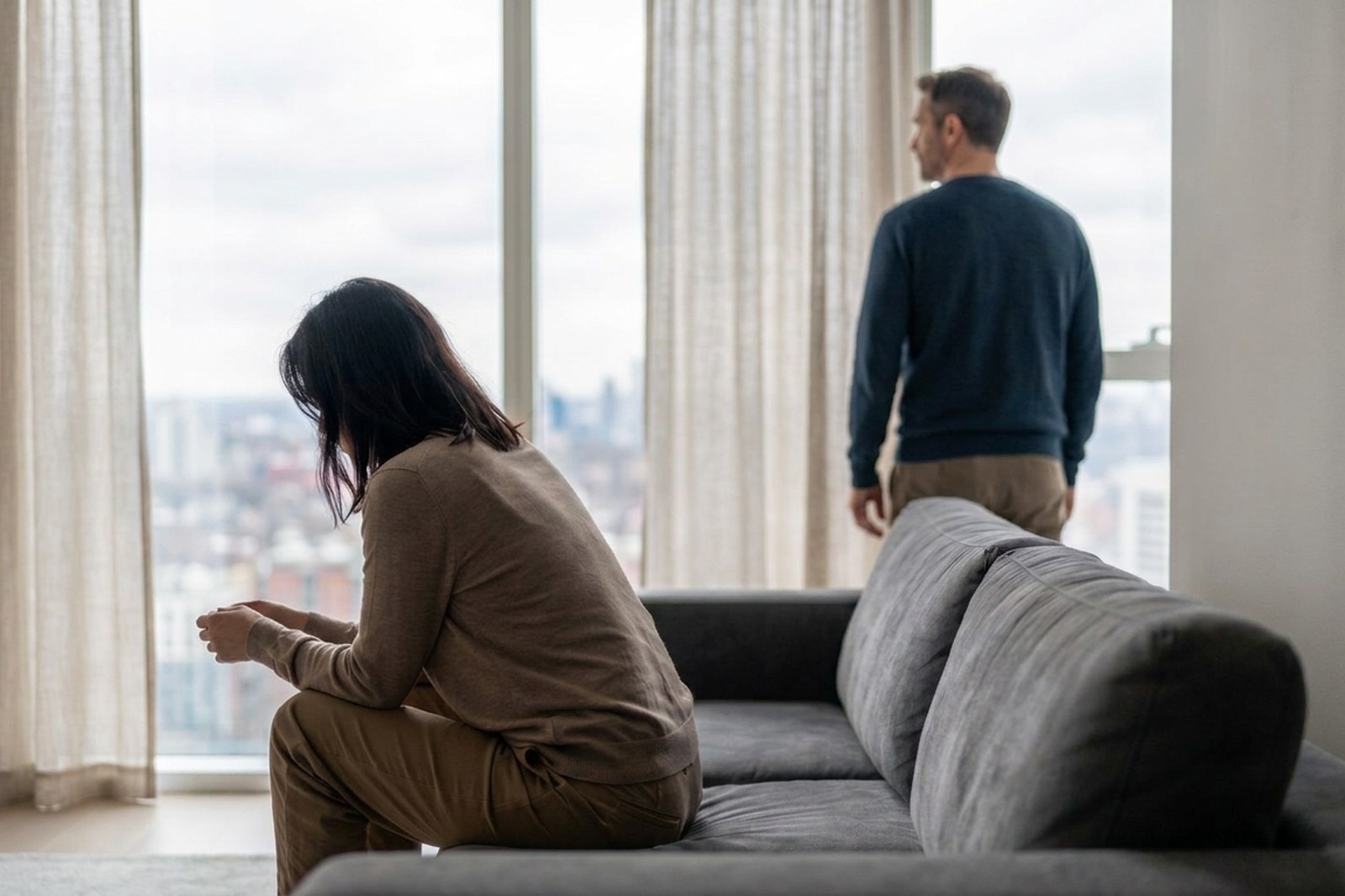 Eine Frau sitzt auf der Sofakante, während ihr Partner abgewandt am Fenster steht