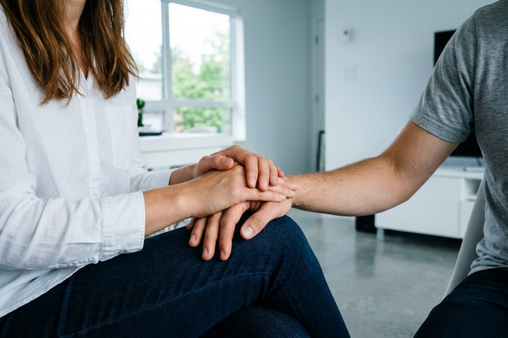 Zwei geöffnete Hände halten die Hand eines anderen Menschen, auf dem Knie abgelegt