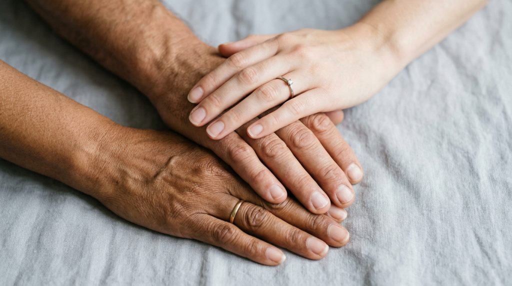 Drei Haende verschiedener Menschen uebereinander
