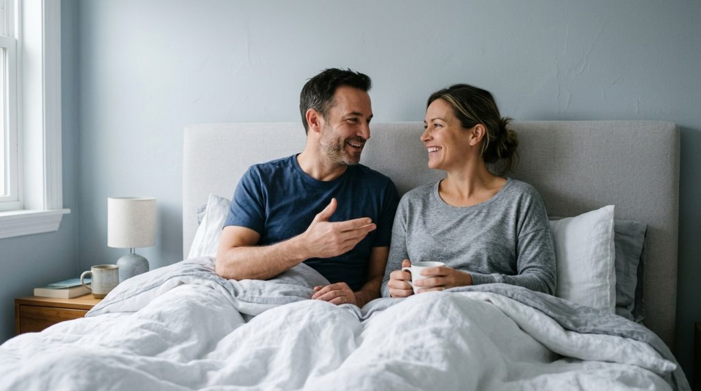 Paar sitzt im Bett und spricht lachend miteinander