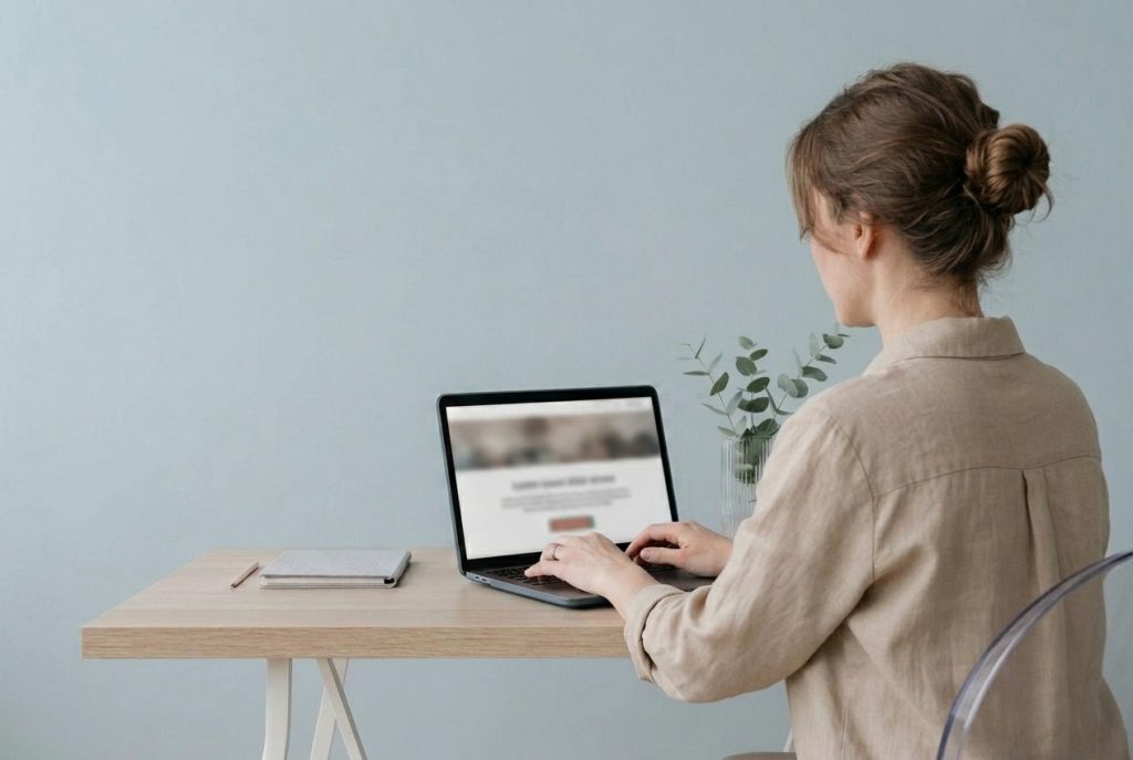 Frau arbeitet am Laptop an der Gestaltung einer Website