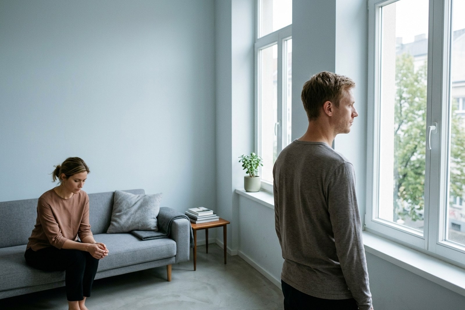 Eine Frau sitzt auf dem Sofa und sieht auf ihre Hände, ein Mann steht abgewandt am Fenster