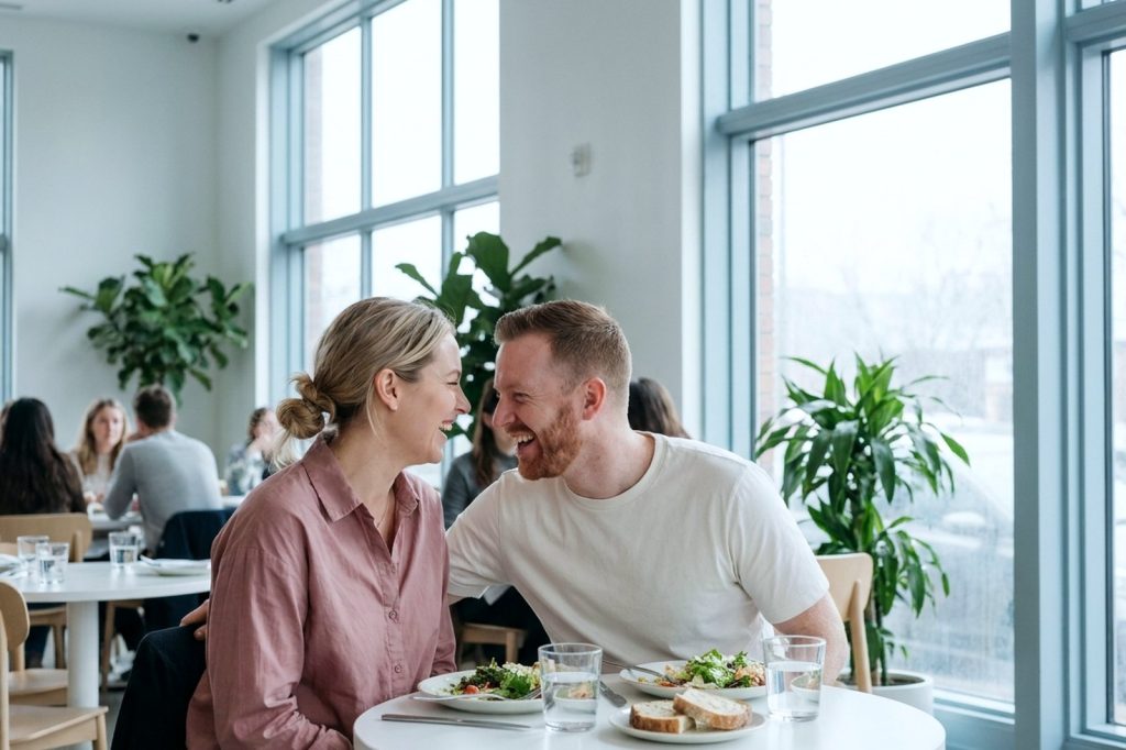Eine Frau und ein Mann sitzen in einem hellen Restaurant eng beieinander am Tisch und lachen miteinander