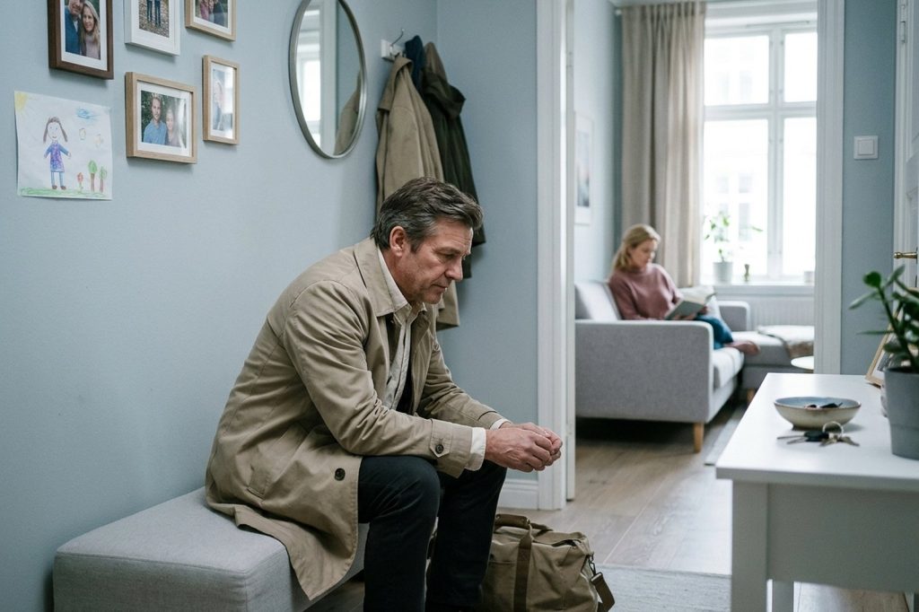 Ein Mann sitzt im Mantel mit gepackter Tasche auf der Bank im Flur, im Wohnzimmer dahinter liest eine Frau auf dem Sofa