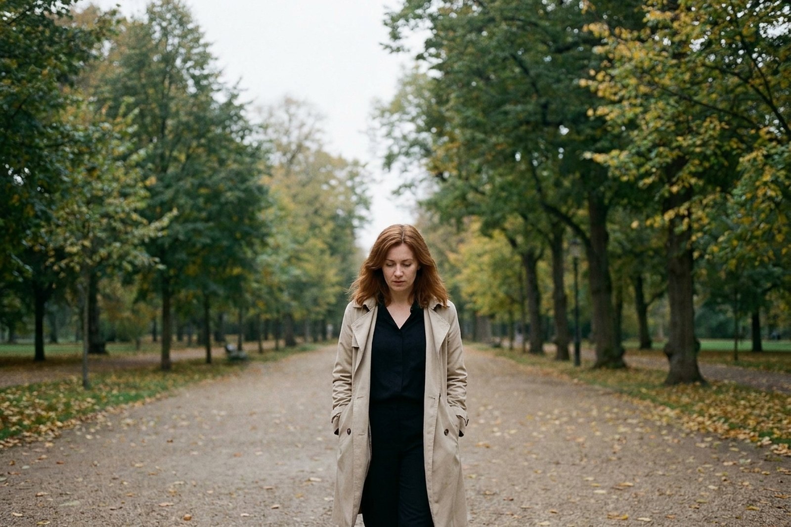 Eine Frau im hellen Trenchcoat geht allein und nachdenklich durch einen herbstlichen Park