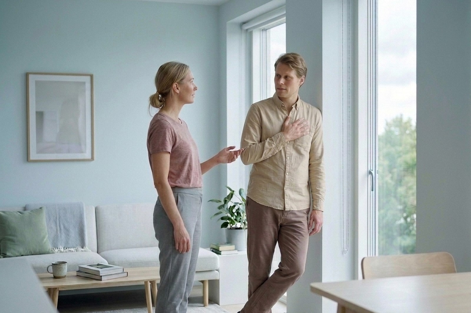 Ein Paar steht sich im Wohnzimmer am Fenster gegenüber, er mit einer Hand auf der Brust, sie mit offener Hand ihm zugewandt