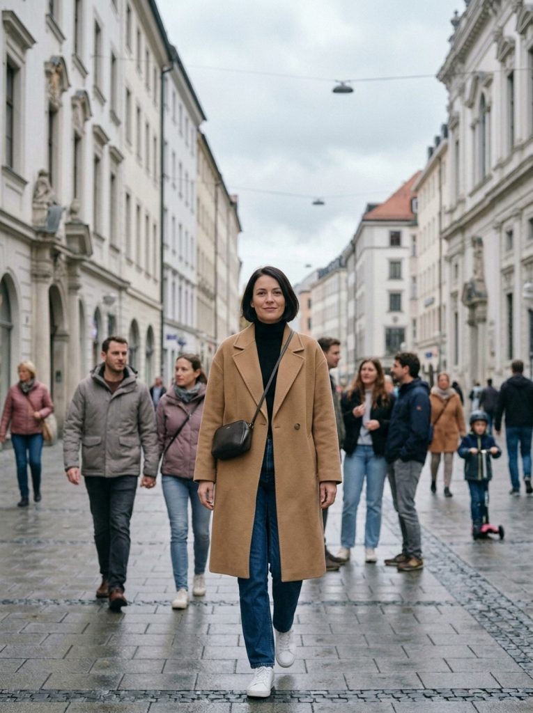 Fußgängerzone in München: eine Frau im Kamelhaarmantel geht entspannt allein, hinter ihr ein Paar, weiter hinten eine kleine Gruppe und ein Kind auf dem Roller