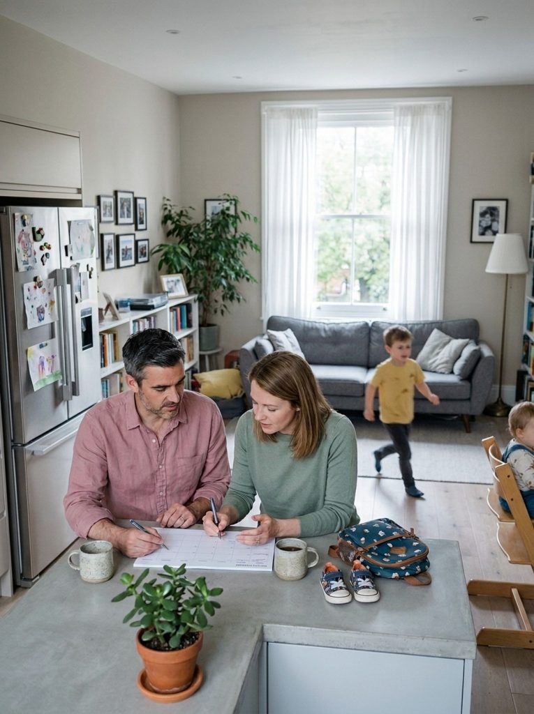 A couple sits at the kitchen table over a weekly planner, behind them a child runs past the sofa through the open kitchen, a toddler sits in a high chair