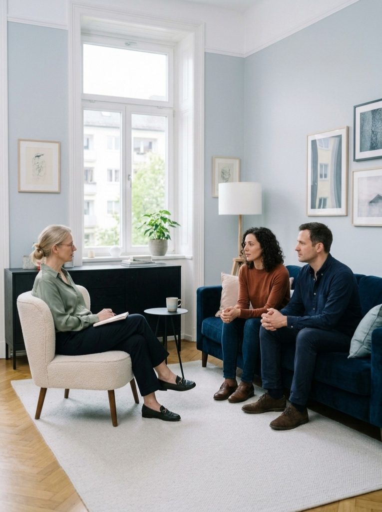 Eine Therapeutin im Sessel im Gespräch mit einem Paar auf dem dunkelblauen Sofa, mit Abstand, Praxisraum mit Fenster und Stadtblick
