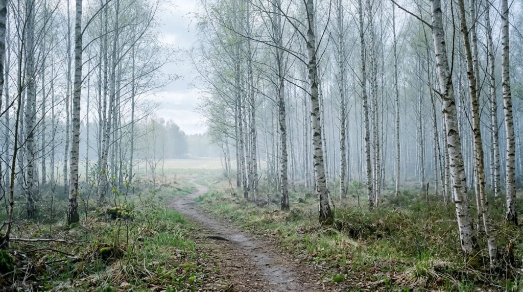 Schmaler Weg durch einen lichten Birkenwald im Frühjahr